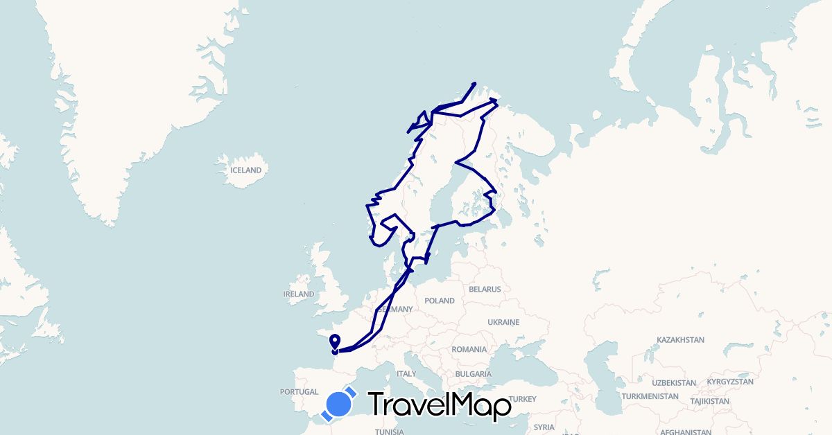 TravelMap itinerary: driving in Germany, Finland, France, Norway, Sweden (Europe)